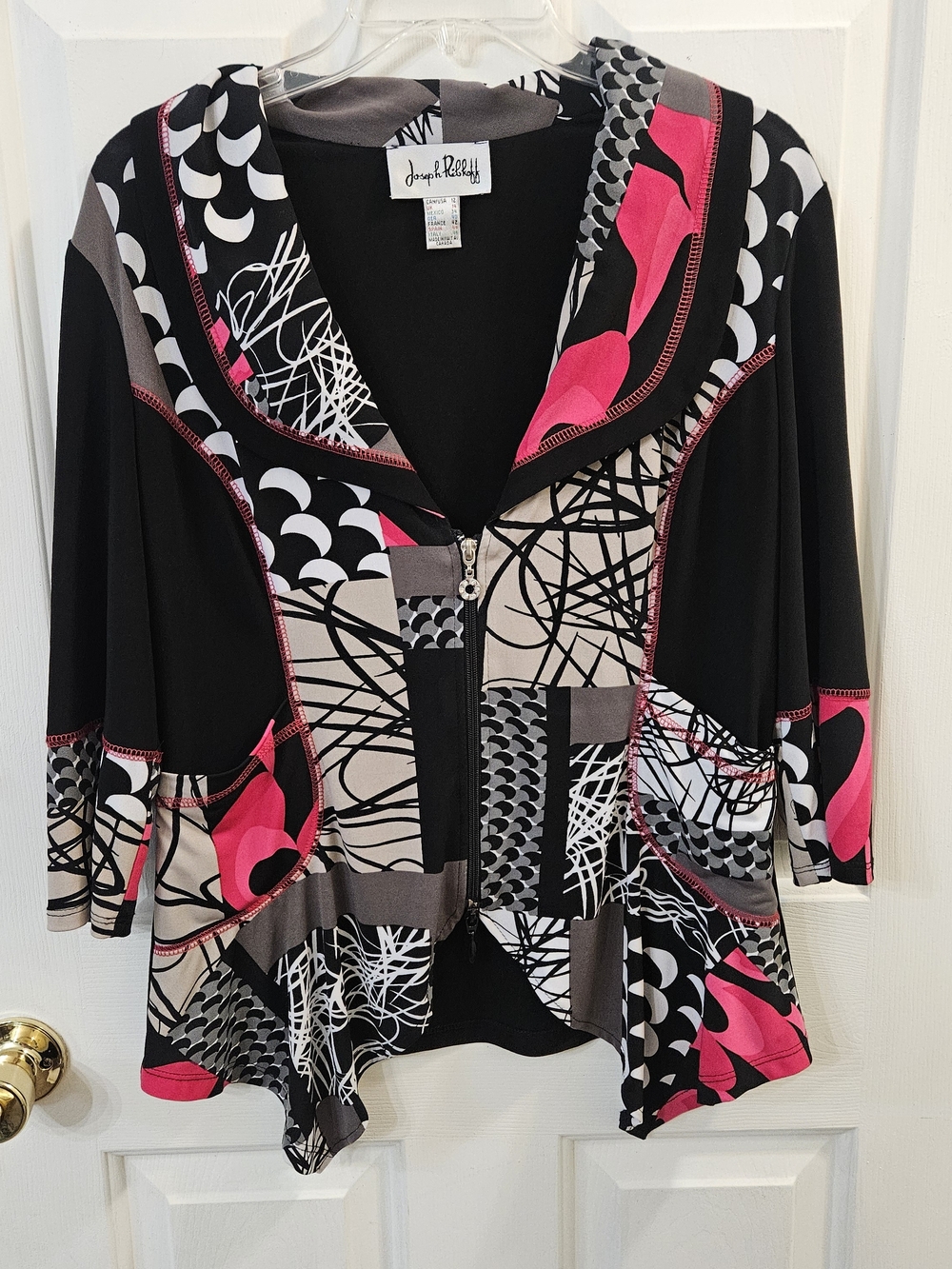 Joseph Ribkoff zip-up featuring a bold abstract patchwork Size 12
